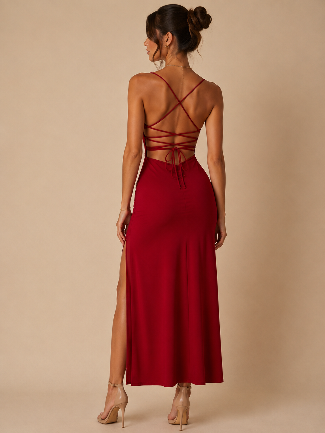 Amara Lace-Up Maxi Dress – Garnet Red