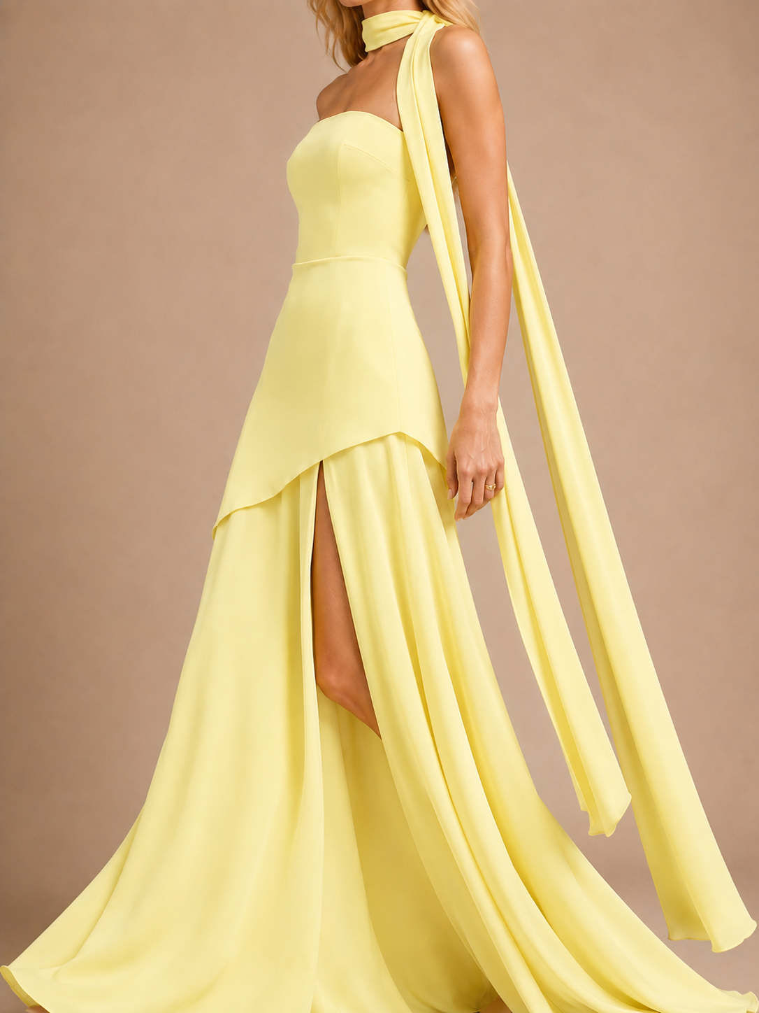 Aurelia Strapless Scarf Maxi Dress – Buttercream Yellow